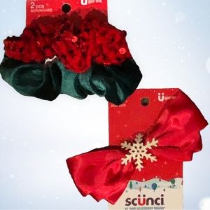 Holiday Hair Accessory Set: 1 Red Bow w/Snowflake & 2 Hair Ties by SCUNCI